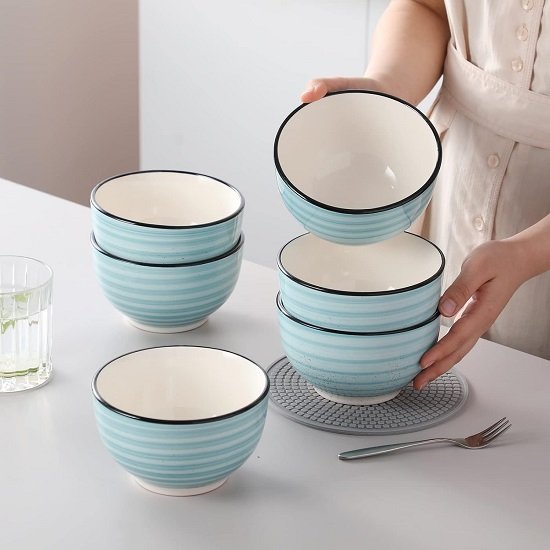 24oz Stoneware Cereal Bowls 5.5 Inch Microwave & Dishwasher Safe Lead-free Soup Bowls Blue Bowls Kitchen Bowl